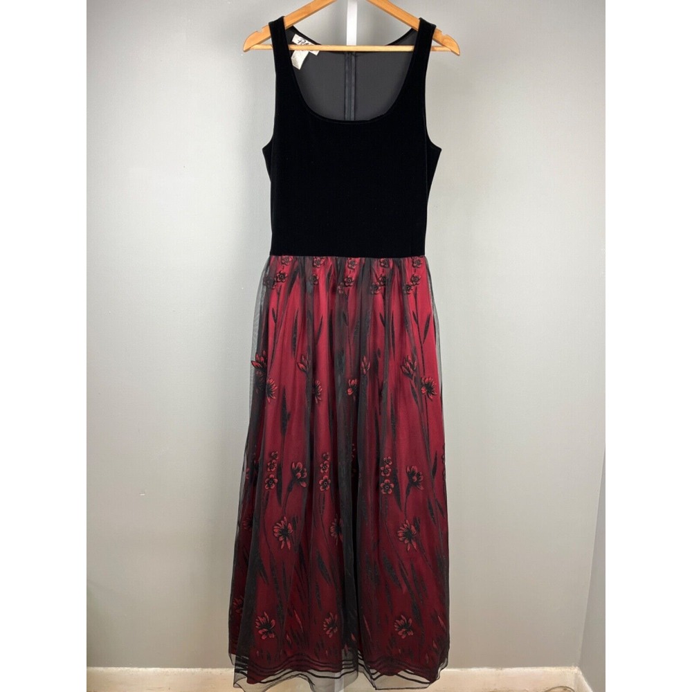 Patra Maxi Dress Gown Womens Size 12 Black Velvet Red Satin Floral Vintage Y2K